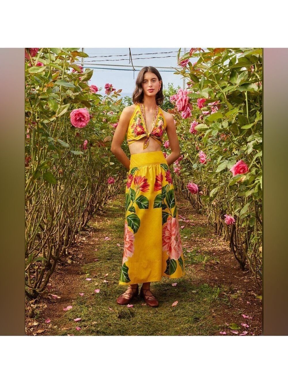 Farm Rio Yellow Spring Awakening Midi Skirt